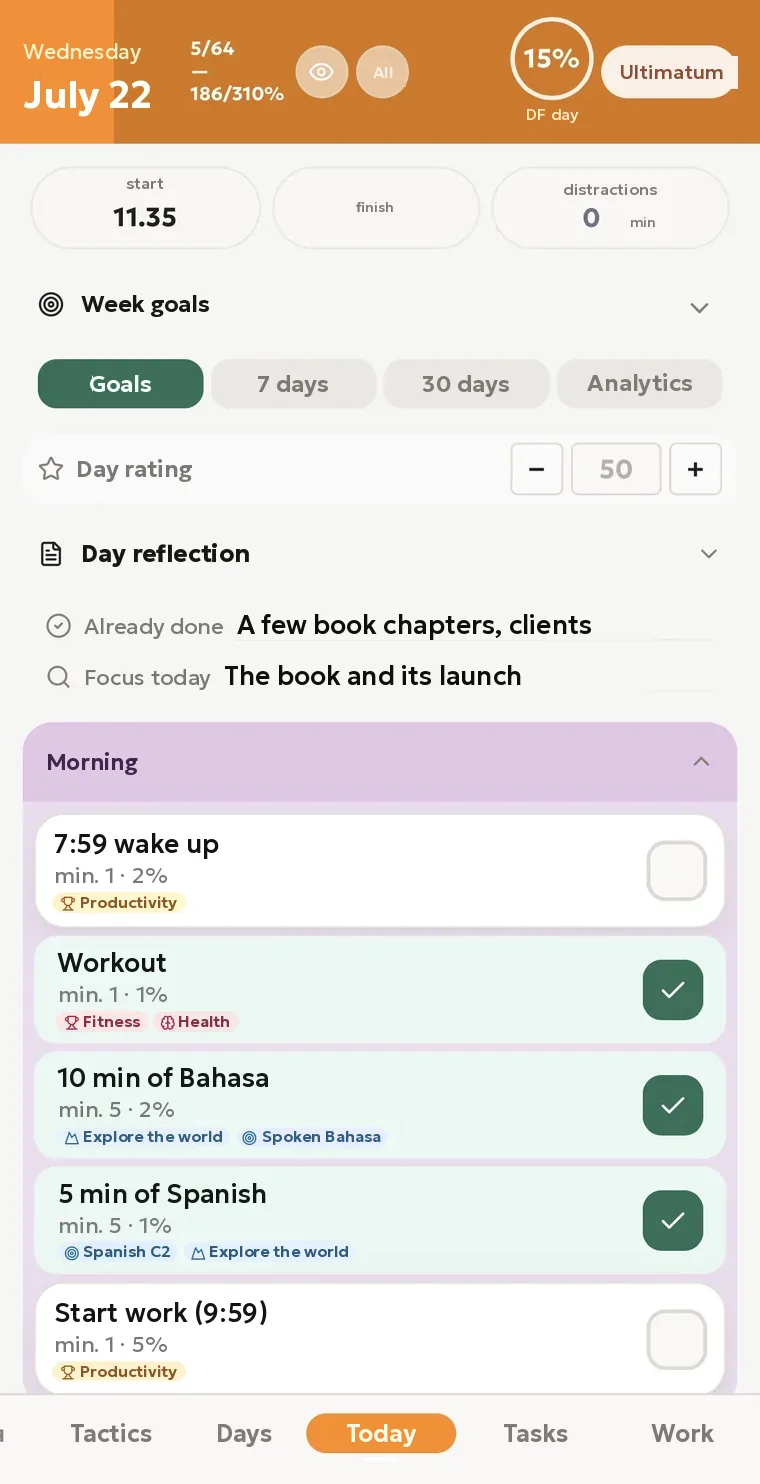 The Daily Frame app — the Today screen: the day’s frame with check-offs, the day’s percentage and the reflection.